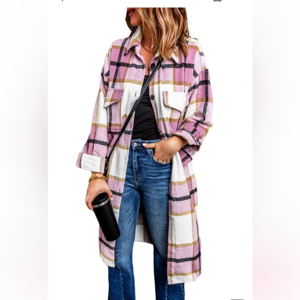 Pink plaid pocketed grid jacket